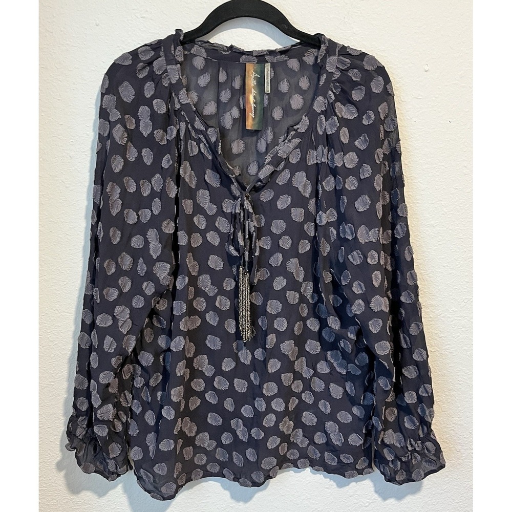 Aratta Silent Journey Women's Blouse Medium Dark Gray Polka Dot Semi Sheer Boho